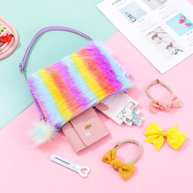 Newfancy Women Girls Kids Fluffy Fuzzy Bag Plush Tie Dye Rainbow Crossbody Purse Wallet - Image 1